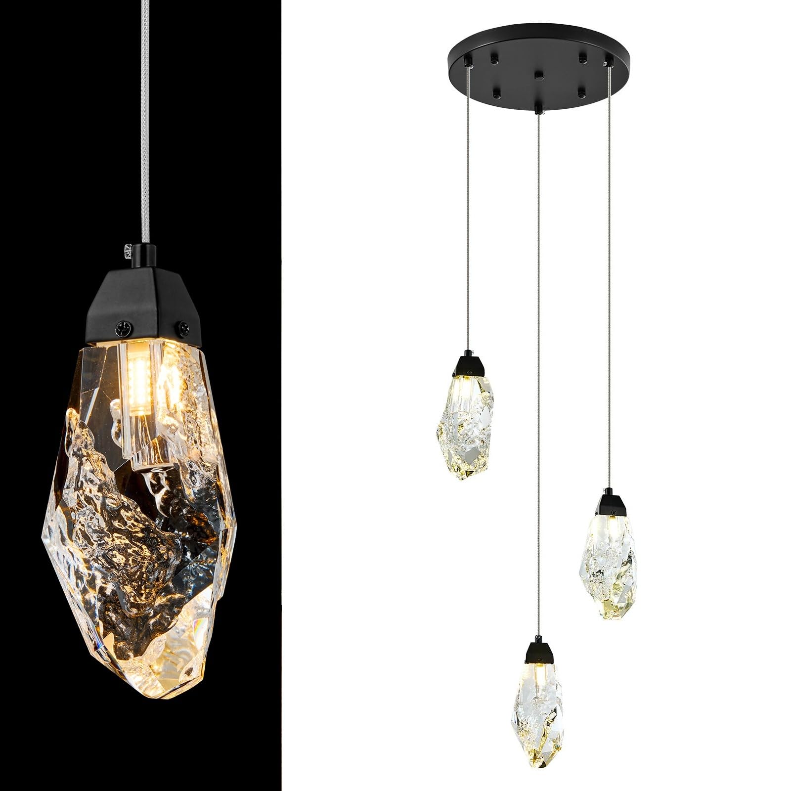 KOKAiZeeKi 3 Lights Crystal Pendant Light Modern Cluster